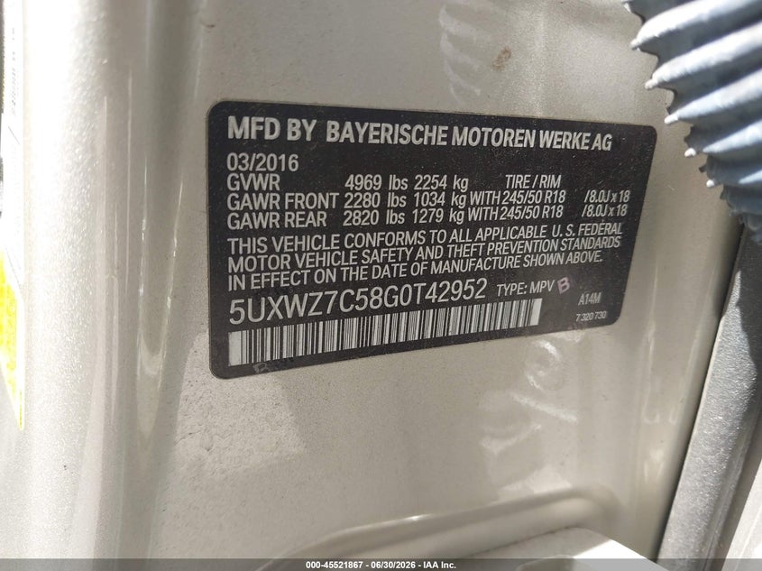 2016 BMW X3 VIN 5UXWZ7C58G0T42952 IAAI salvage auction — FRONT END, Salvage Title, sold $25 on 2026-07-22 (photo 9)