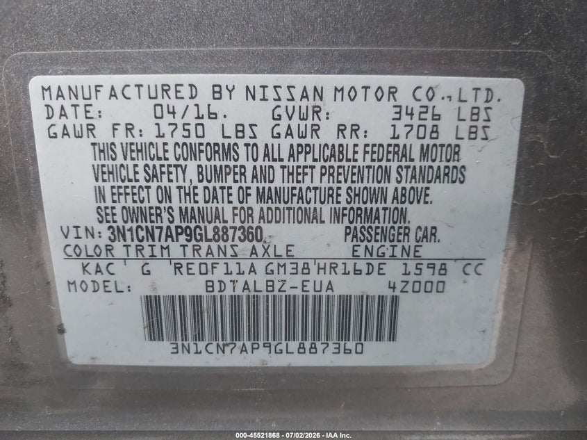 2016 Nissan Versa VIN 3N1CN7AP9GL887360 IAAI salvage auction — FRONT END, Salvage Certificate (California), sold $975 on 2026-07-11 (photo 9)
