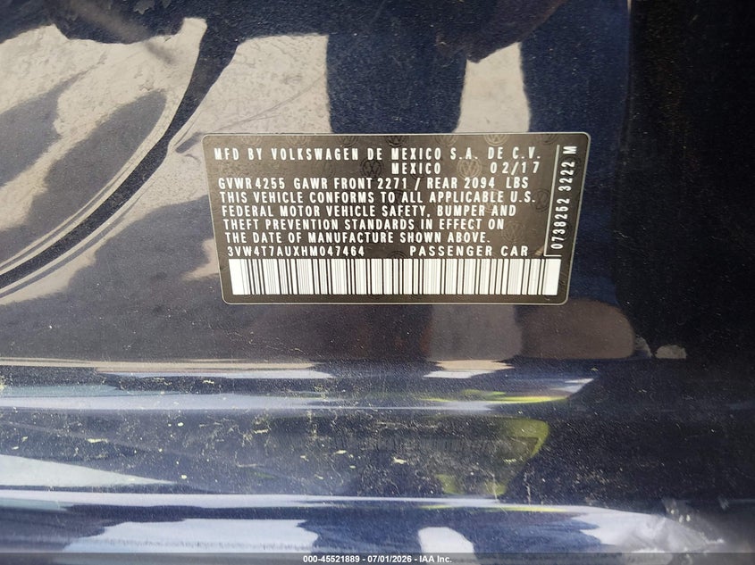2017 Volkswagen Golf gti VIN 3VW4T7AUXHM047464 IAAI salvage auction — REAR END, Salvage (Maine), sold $4,525 on 2026-09-01 (photo 9)