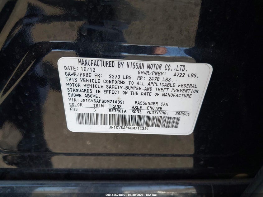 2013 Infiniti G VIN JN1CV6AP6DM714391 IAAI salvage auction — RIGHT FRONT, Salvage Title, sold $1,100 on 2026-08-02 (photo 9)