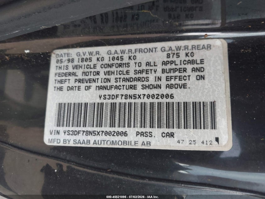 1999 Saab 9-3 VIN YS3DF78N5X7002006 IAAI salvage auction — NORMAL WEAR, Clear (New York), sold $400 on 2026-07-07 (photo 9)