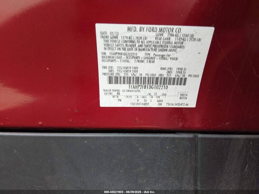 2013 Ford Taurus VIN 1FAHP2F81DG102210 IAAI salvage auction — UNKNOWN, Clear (Texas), sold $1,300 on 2026-08-03 (photo 9)