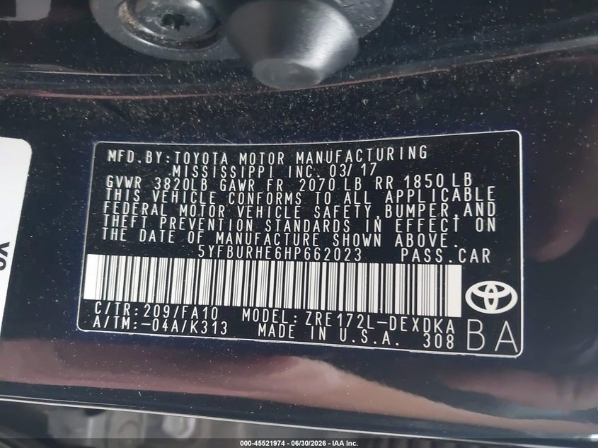 2017 Toyota Corolla VIN 5YFBURHE6HP662023 IAAI salvage auction — FRONT & REAR, Salvage Certificate (California), sold $2,600 on 2026-07-24 (photo 9)