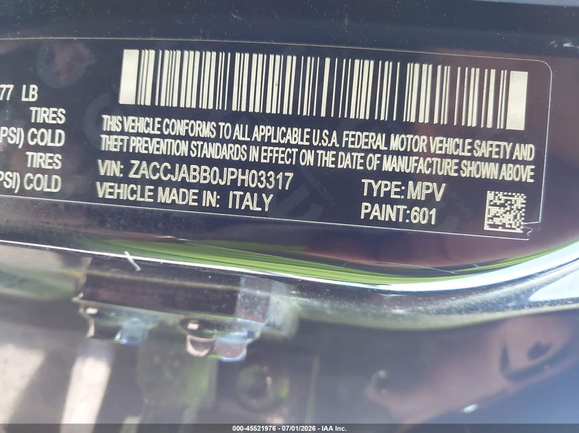 2018 Jeep Renegade VIN ZACCJABB0JPH03317 IAAI salvage auction — SIDE, Salvage (North Carolina), sold $1,550 on 2026-07-28 (photo 9)