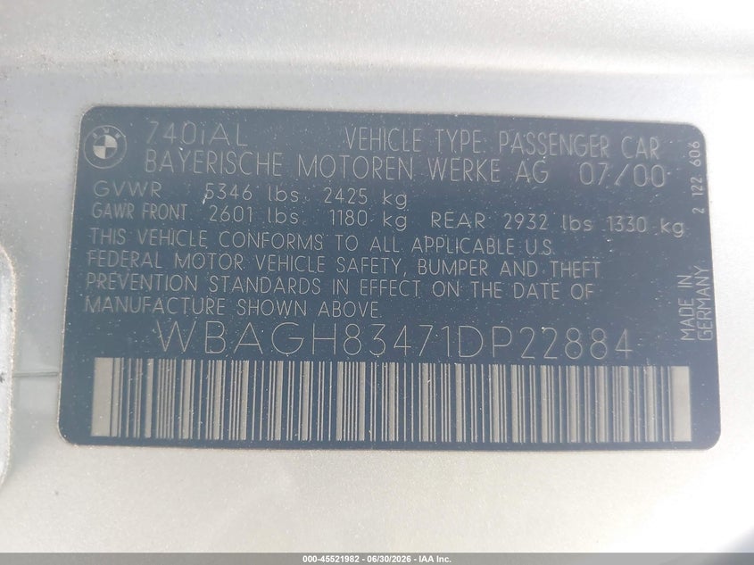 2001 BMW 7 series VIN WBAGH83471DP22884 IAAI salvage auction — NORMAL WEAR, Clear - Dealer Only (California), sold $375 on 2026-07-08 (photo 9)