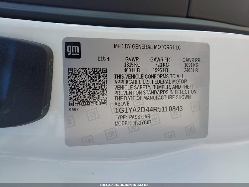 2024 Chevrolet Corvette stingray VIN 1G1YA2D44R5110843 IAAI salvage auction — FRONT END, Original (Texas), sold $36,050 on 2026-09-14 (photo 9)