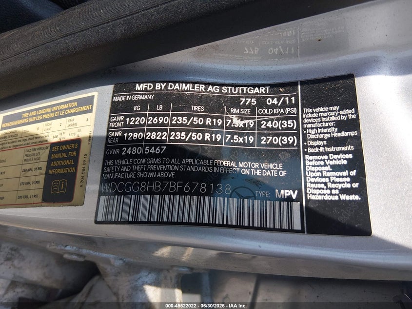 2011 Mercedes-benz Glk-class VIN WDCGG8HB7BF678138 IAAI salvage auction — RIGHT FRONT, Bill Of Sale (New York), sold $25 on 2026-08-04 (photo 9)