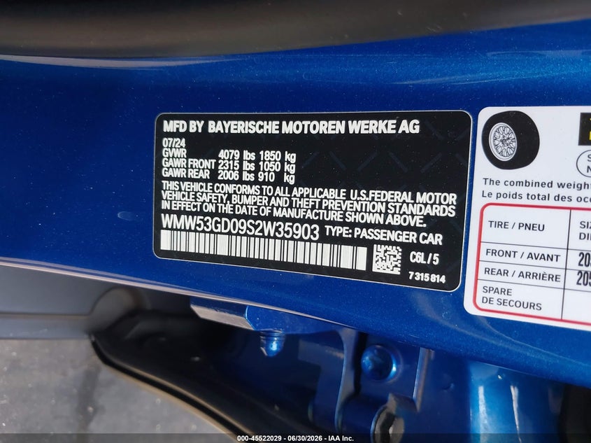 2025 Mini Hard top VIN WMW53GD09S2W35903 IAAI salvage auction — RIGHT FRONT, Salvage Certificate (California), sold $9,700 on 2026-07-11 (photo 9)