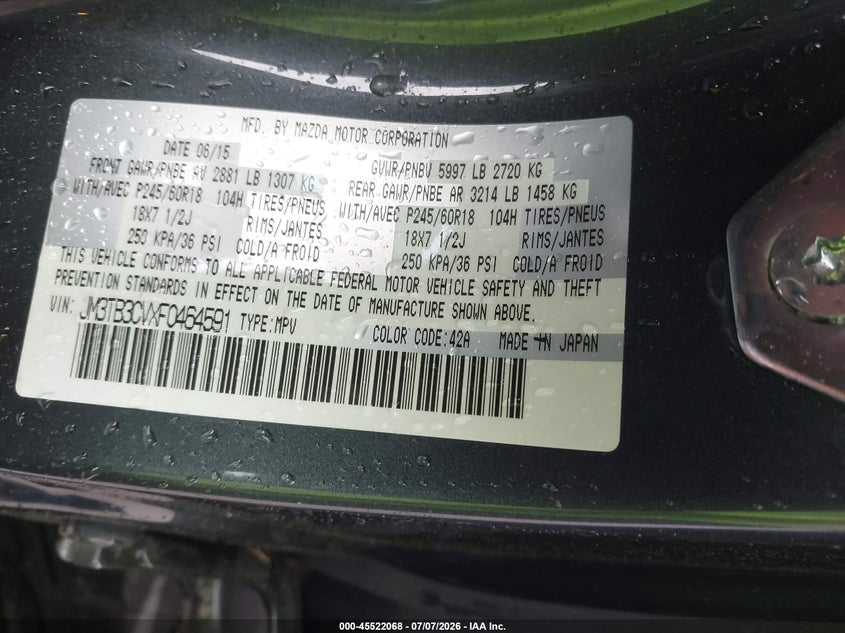 2015 Mazda Cx-9 VIN JM3TB3CVXF0464591 IAAI salvage auction — FRONT END, Salvage Title, sold $500 on 2026-07-31 (photo 9)
