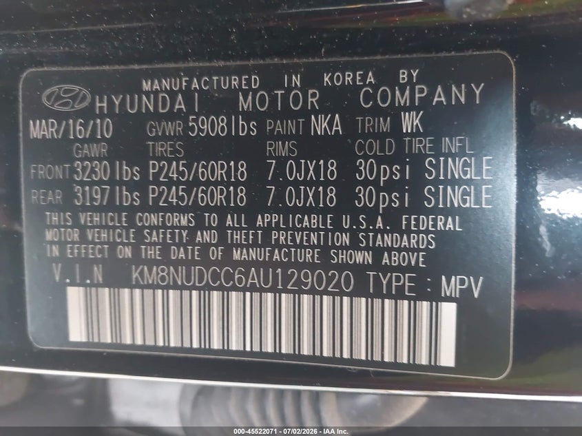 2010 Hyundai Veracruz VIN KM8NUDCC6AU129020 IAAI salvage auction — NORMAL WEAR, Clear (New Jersey), sold $2,400 on 2026-07-08 (photo 9)