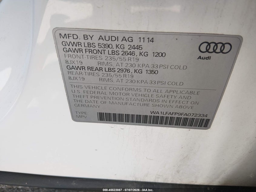2015 Audi Q5 VIN WA1LFAFP9FA072334 IAAI salvage auction — NORMAL WEAR, Clear (Missouri), sold $1,750 on 2026-07-23 (photo 9)