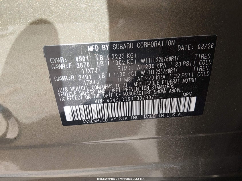 2026 Subaru Forester VIN 4S4SLDD63T3079071 IAAI salvage auction — STORM DAMAGE, Salvage (Ohio), sold $12,900 on 2026-09-01 (photo 9)