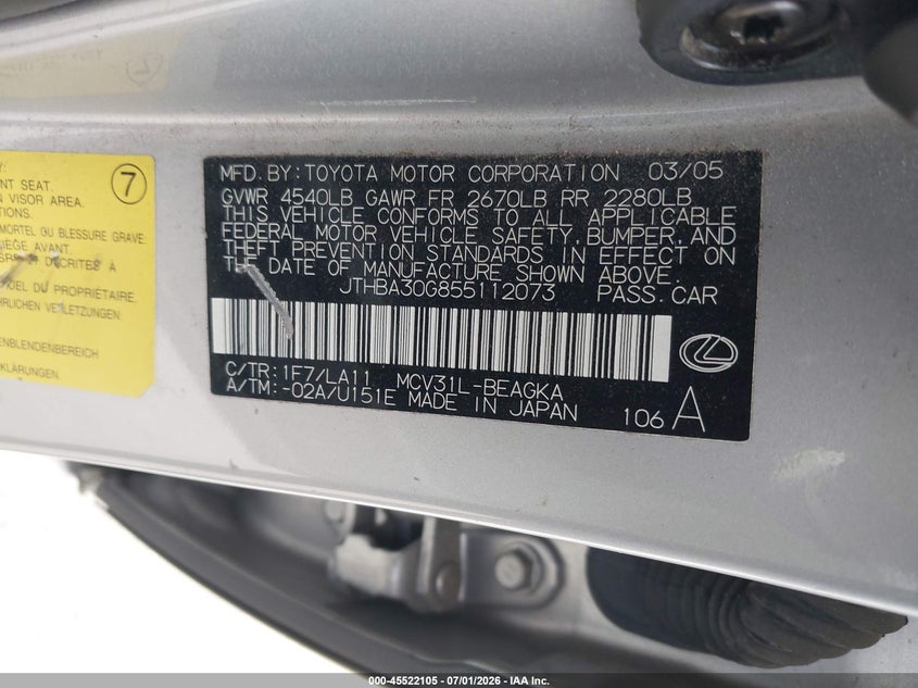 2005 Lexus Es 330 VIN JTHBA30G855112073 IAAI salvage auction — LEFT FRONT, Salvage (California), sold $375 on 2026-07-29 (photo 9)
