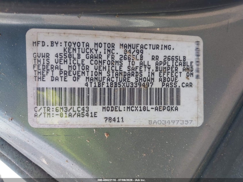 1999 Toyota Avalon VIN 4T1BF18B5XU339497 IAAI salvage auction — NORMAL WEAR, Clear (Mississippi), sold $400 on 2026-07-09 (photo 9)