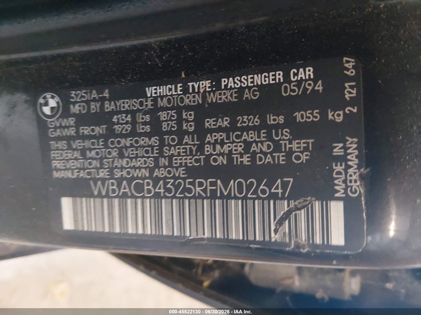 1994 BMW 3 series VIN WBACB4325RFM02647 IAAI salvage auction — NORMAL WEAR, Clear (Tennessee), sold $425 on 2026-07-29 (photo 9)