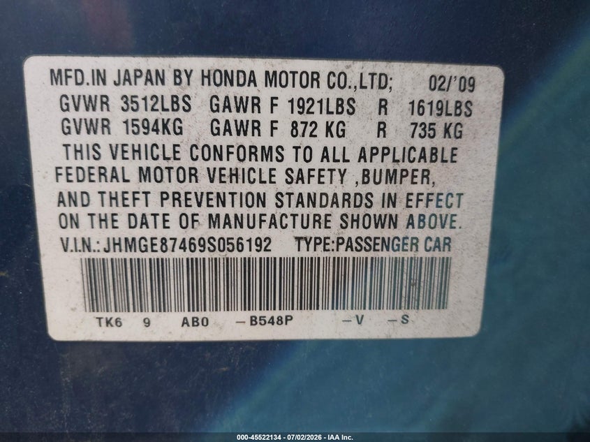 2009 Honda Fit VIN JHMGE87469S056192 IAAI salvage auction — FRONT END, Mv-907A (New York), sold $225 on 2026-07-14 (photo 9)