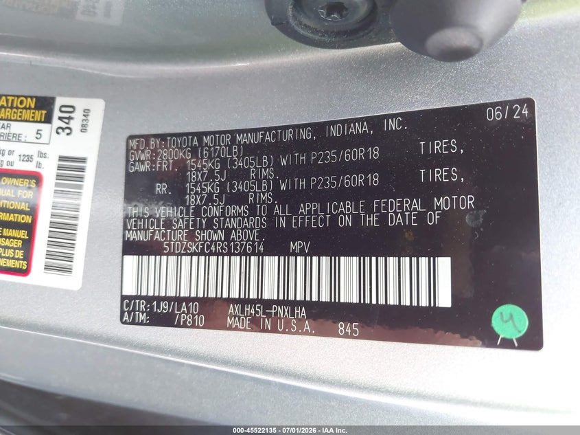 2024 Toyota Sienna VIN 5TDZSKFC4RS137614 IAAI salvage auction — FRONT END, Salvage Title, sold $22,350 on 2026-07-15 (photo 9)