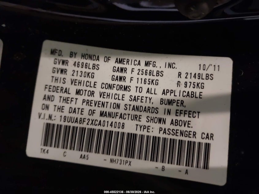 2012 Acura Tl VIN 19UUA8F2XCA014008 IAAI salvage auction — FRONT END, Salvage (Minnesota), sold $500 on 2026-09-02 (photo 9)