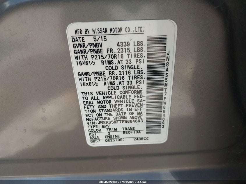 2015 Nissan Rogue VIN JN8AS5MT7FW664693 IAAI salvage auction — FRONT END, Salvage (California), sold $425 on 2026-07-15 (photo 9)