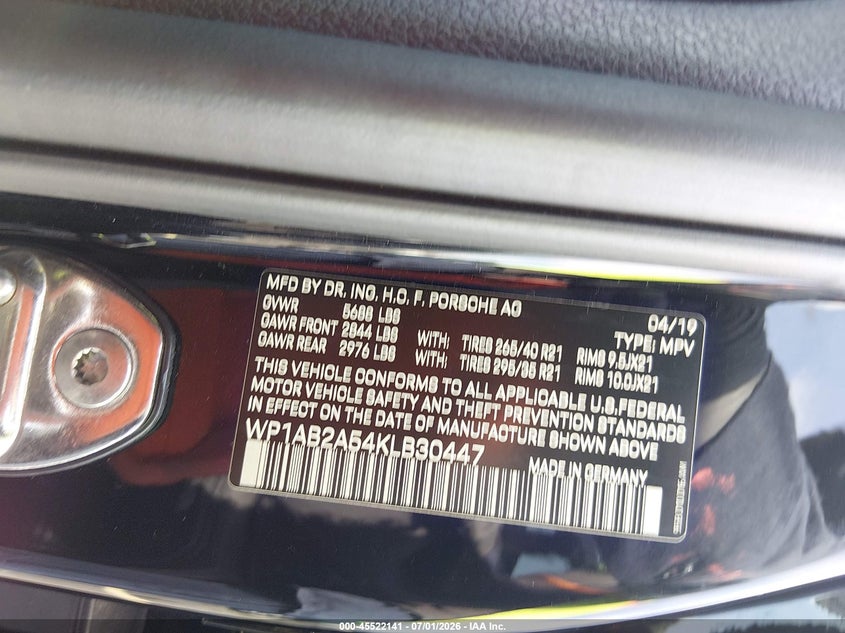 2019 Porsche Macan VIN WP1AB2A54KLB30447 IAAI salvage auction — FRONT END, Rebuildable (Florida), sold $14,600 on 2026-07-30 (photo 9)