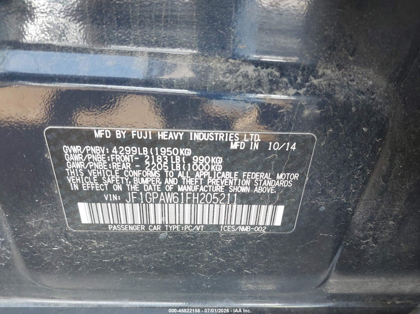 2015 Subaru Impreza VIN JF1GPAW61FH205211 IAAI salvage auction — FRONT END, Bill Of Sale (Washington), sold $1,300 on 2026-07-28 (photo 9)