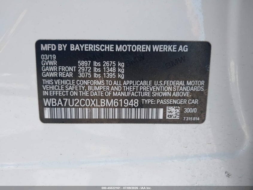2020 BMW 7er VIN WBA7U2C0XLBM61948 IAAI salvage auction — RIGHT FRONT, Salvage (Minnesota), sold $17,750 on 2026-08-17 (photo 9)