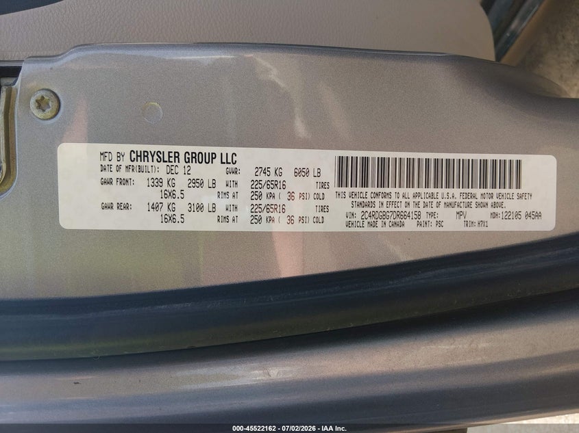 2013 Dodge Caravan VIN 2C4RDGBG7DR664158 IAAI salvage auction — NORMAL WEAR, Clear (Mississippi), sold $400 on 2026-07-09 (photo 9)