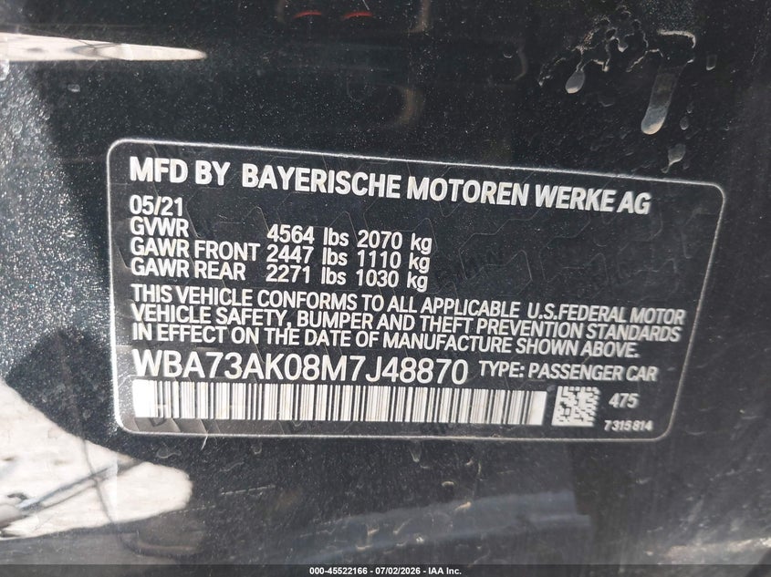 2021 BMW 2er VIN WBA73AK08M7J48870 IAAI salvage auction — UNDERCARRIAGE, Salvage Title, sold $8,600 on 2026-08-16 (photo 9)