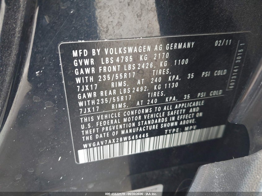 2011 Volkswagen Tiguan VIN WVGAV7AX2BW545445 IAAI salvage auction — RIGHT FRONT, Salvage (California), sold $700 on 2026-07-22 (photo 9)