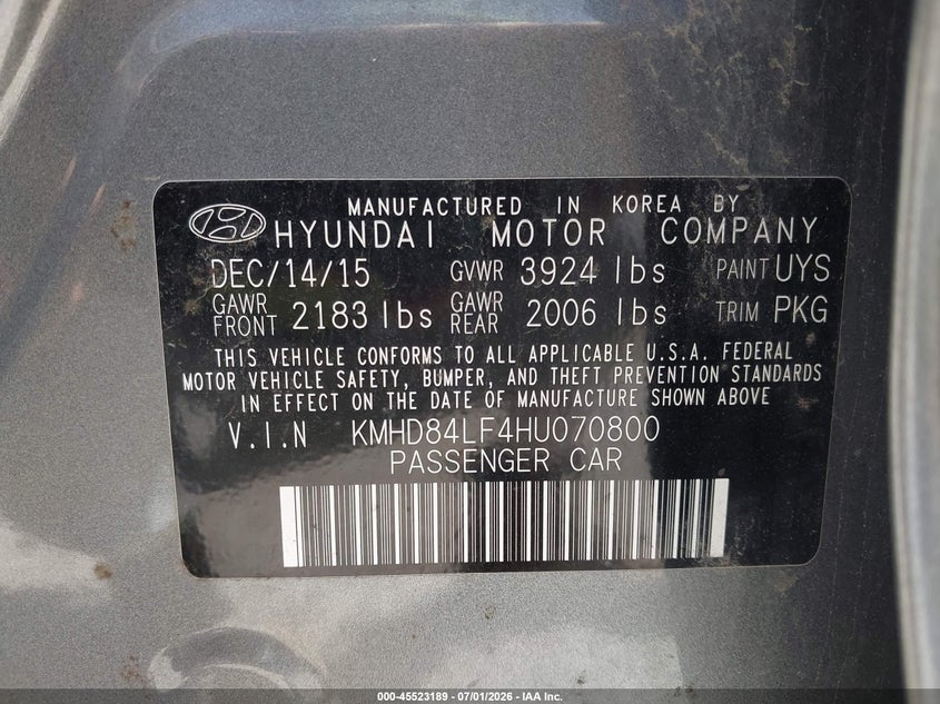 2017 Hyundai Elantra VIN KMHD84LF4HU070800 IAAI salvage auction — NORMAL WEAR, Salvage Title, sold $1,200 on 2026-07-29 (photo 9)