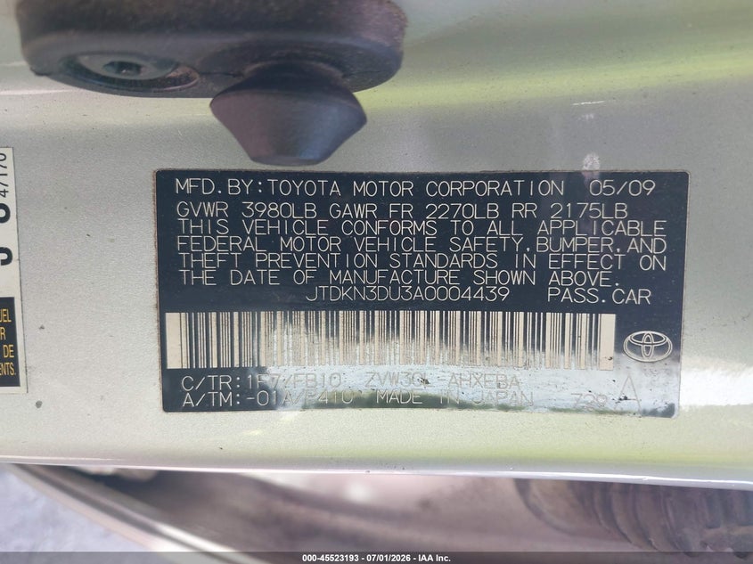 2010 Toyota Prius VIN JTDKN3DU3A0004439 IAAI salvage auction — NORMAL WEAR, Clear (Georgia), sold $1,025 on 2026-07-23 (photo 9)