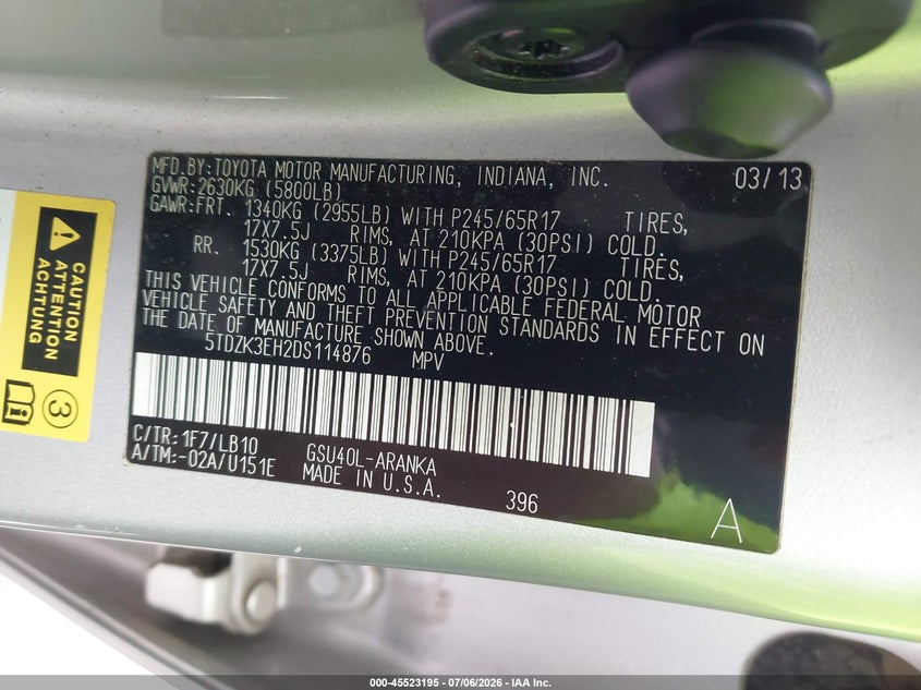 2013 Toyota Highlander VIN 5TDZK3EH2DS114876 IAAI salvage auction — NORMAL WEAR, Salvage (California), sold $900 on 2026-07-20 (photo 9)