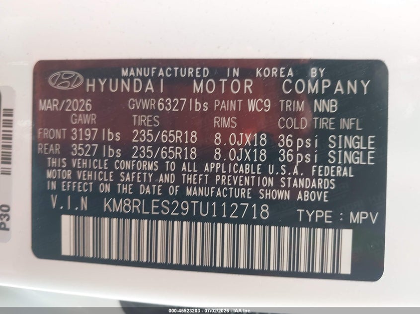 2026 Hyundai Palisade VIN KM8RLES29TU112718 IAAI salvage auction — SIDE, Clear (Florida), sold $18,100 on 2026-07-12 (photo 9)