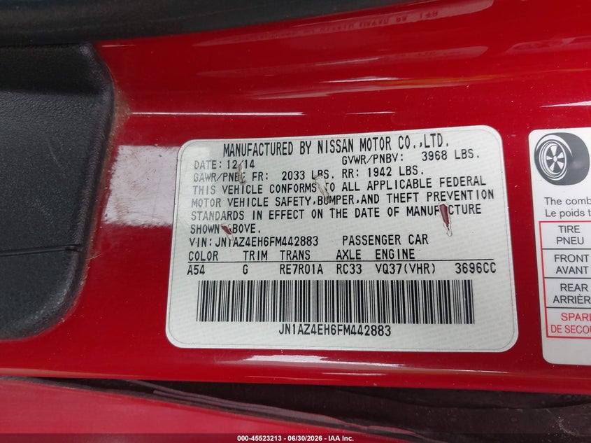 2015 Nissan 370z VIN JN1AZ4EH6FM442883 IAAI salvage auction — UNKNOWN, Salvage Title - Dealer (California), sold $4,050 on 2026-08-01 (photo 9)