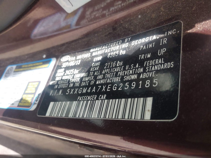 2014 Kia Optima VIN 5XXGM4A7XEG259185 IAAI salvage auction — NORMAL WEAR, Clear - Public Restricted (Oklahoma), sold $950 on 2026-07-29 (photo 9)