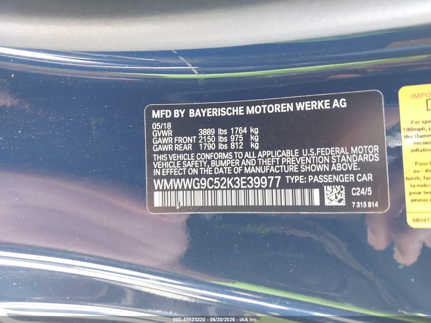 2019 Mini Convertible VIN WMWWG9C52K3E39977 IAAI salvage auction — NORMAL WEAR, Clear (Florida), sold $3,025 on 2026-07-29 (photo 9)