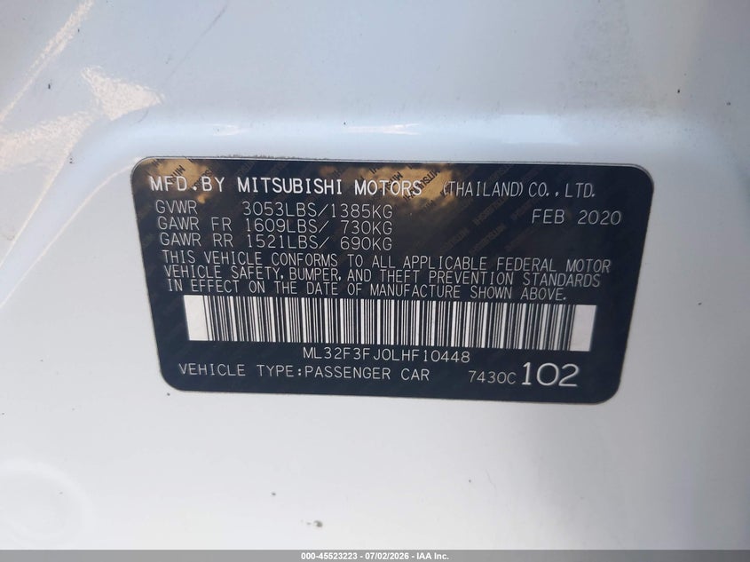 2020 Mitsubishi Mirage VIN ML32F3FJ0LHF10448 IAAI salvage auction — FRONT END, Salvage Title, sold $225 on 2026-07-21 (photo 9)