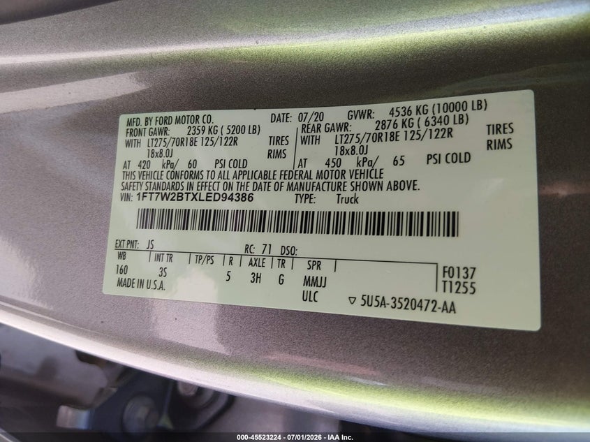 2020 Ford F250 VIN 1FT7W2BTXLED94386 IAAI salvage auction — ENGINE DAMAGE, Salvage (Arizona), sold $8,800 on 2026-07-30 (photo 9)