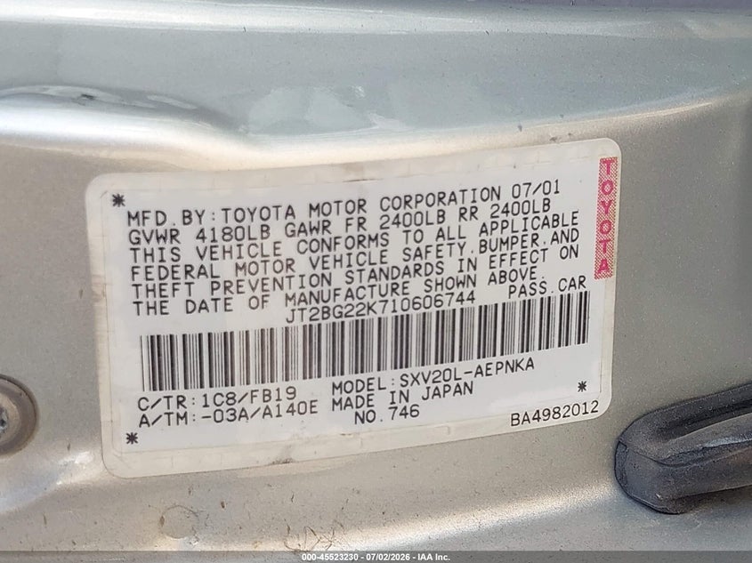 2001 Toyota Camry VIN JT2BG22K710606744 IAAI salvage auction — LEFT SIDE, Salvage (California), sold $425 on 2026-07-14 (photo 9)