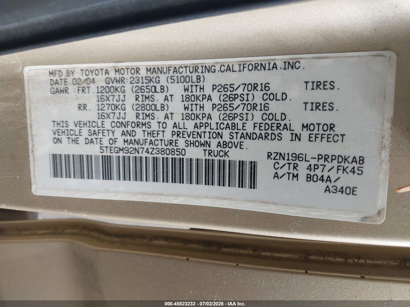 2004 Toyota Tacoma VIN 5TEGM92N74Z380850 IAAI salvage auction — NORMAL WEAR, Clear-Dealer Only (Washington), sold $1,750 on 2026-07-09 (photo 9)