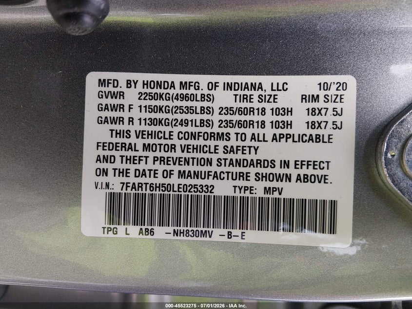 2020 Honda Cr-v VIN 7FART6H50LE025332 IAAI salvage auction — LEFT & RIGHT, Salvage (California), sold $8,900 on 2026-07-29 (photo 9)