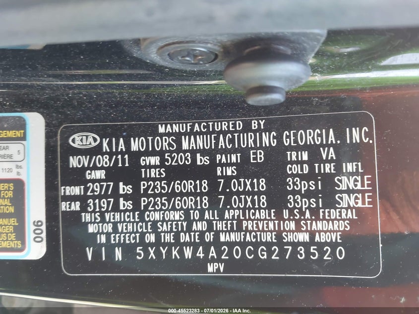 2012 Kia Sorento VIN 5XYKW4A20CG273520 IAAI salvage auction — NORMAL WEAR, Clear (Michigan), sold $525 on 2026-07-30 (photo 9)