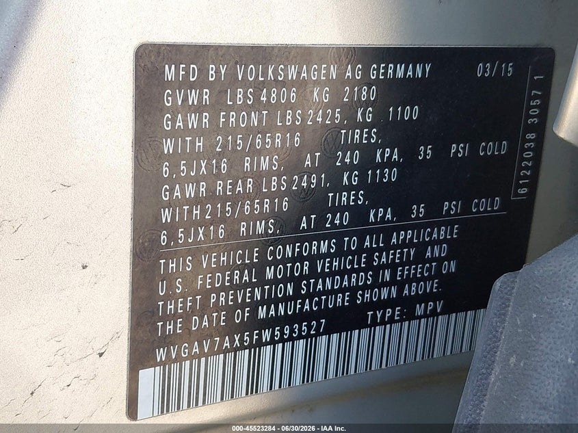 2015 Volkswagen Tiguan VIN WVGAV7AX5FW593527 IAAI salvage auction — NORMAL WEAR, Clear (Kansas), sold $1,250 on 2026-07-29 (photo 9)