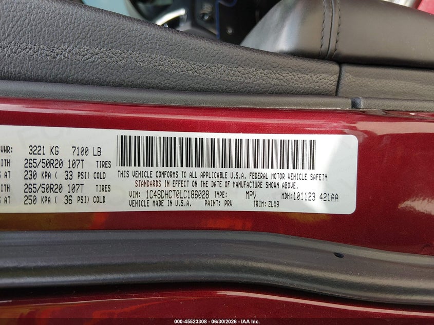 2020 Dodge Durango VIN 1C4SDHCT0LC186028 IAAI salvage auction — LEFT REAR, Wait Title, sold $125 on 2026-09-26 (photo 9)