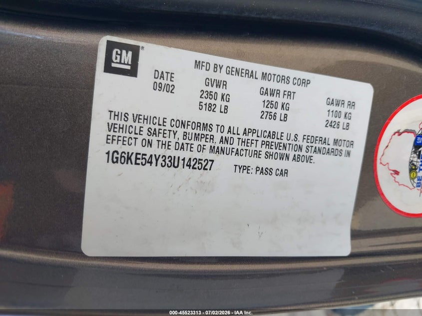 2003 Cadillac Deville VIN 1G6KE54Y33U142527 IAAI salvage auction — NORMAL WEAR, Clear-Dealer Only (Washington), sold $525 on 2026-07-09 (photo 9)