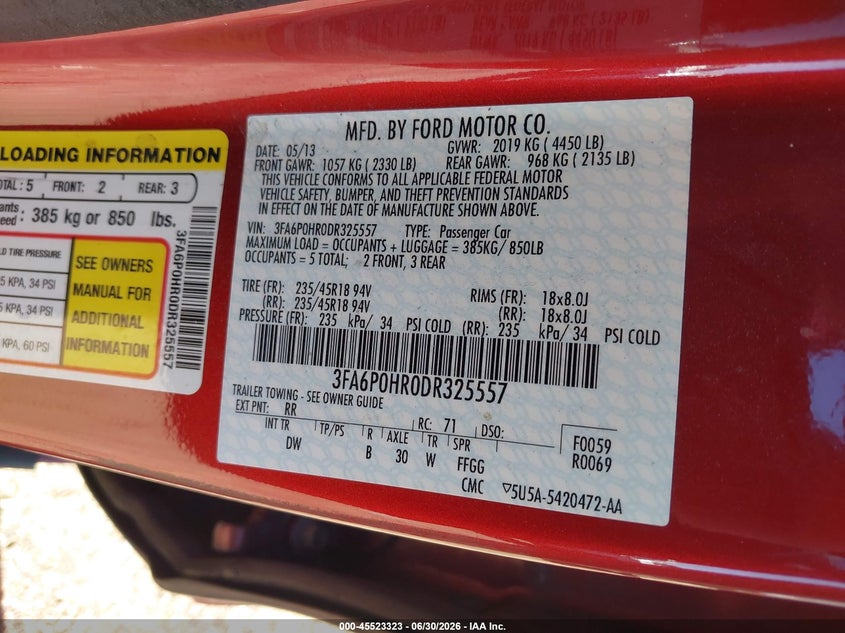 2013 Ford Fusion VIN 3FA6P0HR0DR325557 IAAI salvage auction — NORMAL WEAR, Clear-Dealer Only (Arizona), sold $250 on 2026-07-09 (photo 9)
