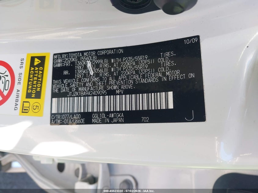 2010 Lexus Rx 350 VIN JTJZK1BA9A2409095 IAAI salvage auction — FRONT END, Salvage Certificate (California), sold $3,850 on 2026-07-17 (photo 9)