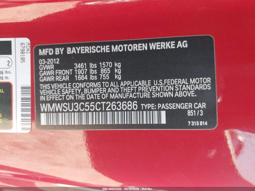2012 Mini Cooper VIN WMWSU3C55CT263686 IAAI salvage auction — NORMAL WEAR, Clear - Dealer Only (California), sold $350 on 2026-07-24 (photo 9)