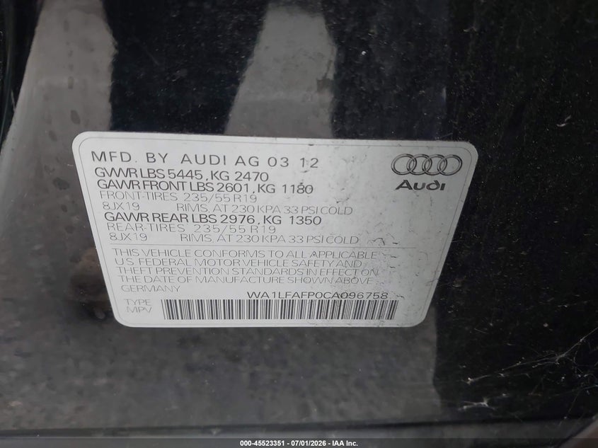2012 Audi Q5 VIN WA1LFAFP0CA096758 IAAI salvage auction — NORMAL WEAR, Clear - Dealer Only (California), sold $400 on 2026-07-09 (photo 9)