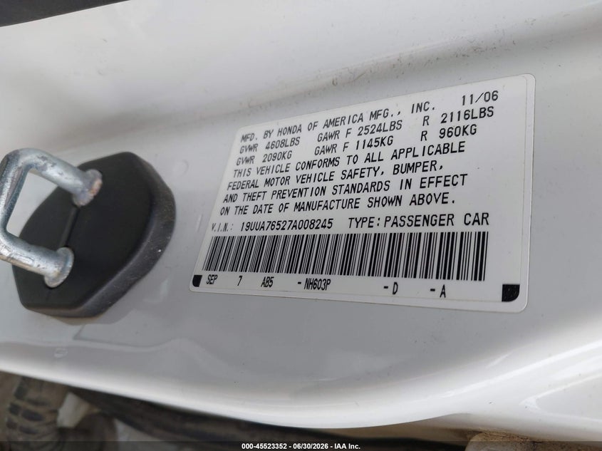 2007 Acura Tl VIN 19UUA76527A008245 IAAI salvage auction — FRONT END, Bill Of Sale (Alaska), sold $225 on 2026-07-11 (photo 9)